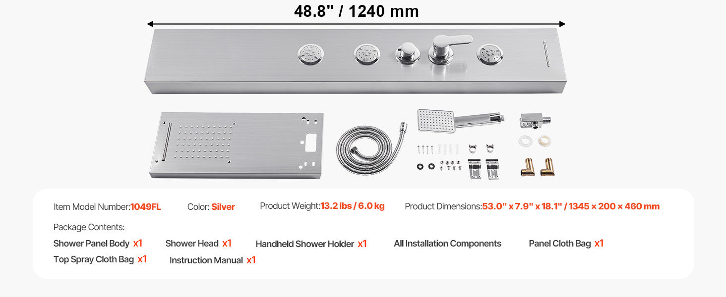 5 Function LED Shower Panel Tower with Waterfall Head Stainless Steel
