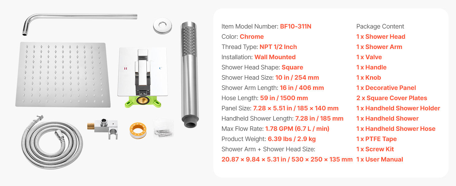 Sistem de duș cu ploaie de 10 inch, cu pulverizator manual și supapă din alamă