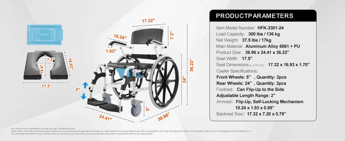 Shower Wheelchair 17.5in Adjustable Rolling Chair for Bathroom-17.5in / Poland