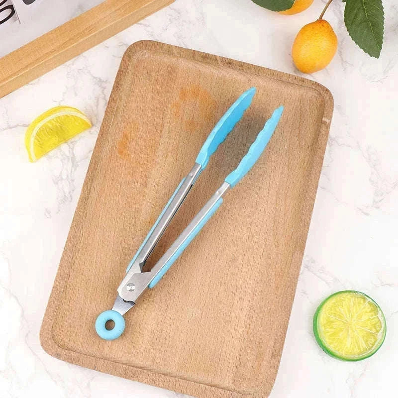 Silicone BBQ Grilling Tongs with Non-Stick Tips-Lake blue