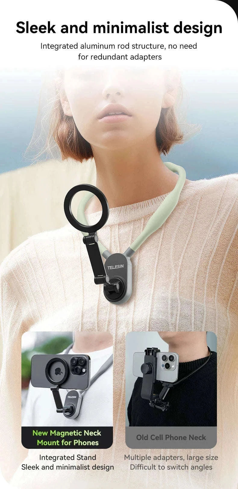 Silicone Magnetic Neck Mount for Hands-Free Smartphone Filming-Grey remote set