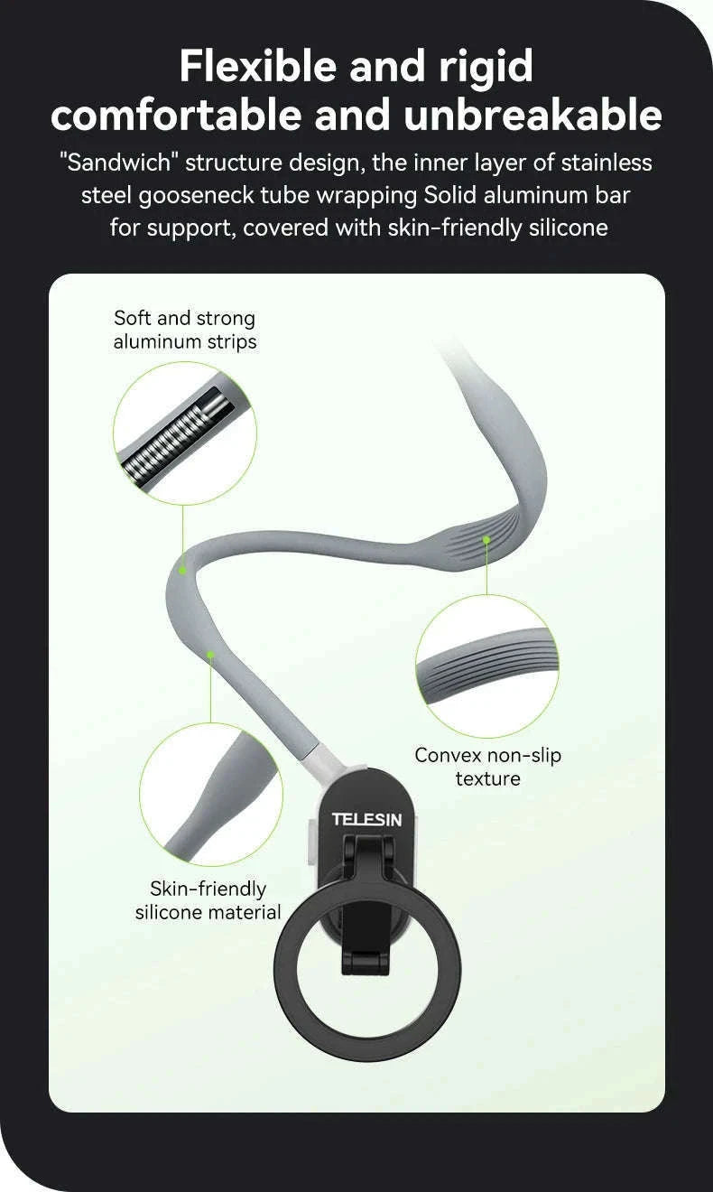 Silicone Magnetic Neck Mount for Hands-Free Smartphone Filming-Grey remote set
