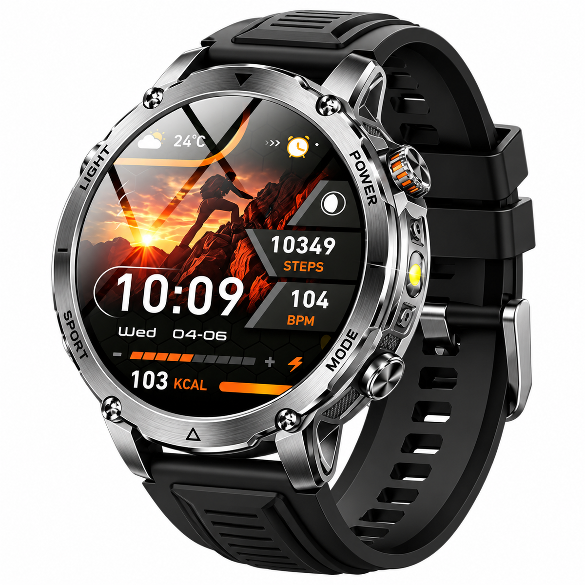 Silver round smartwatch with black silicone band on white