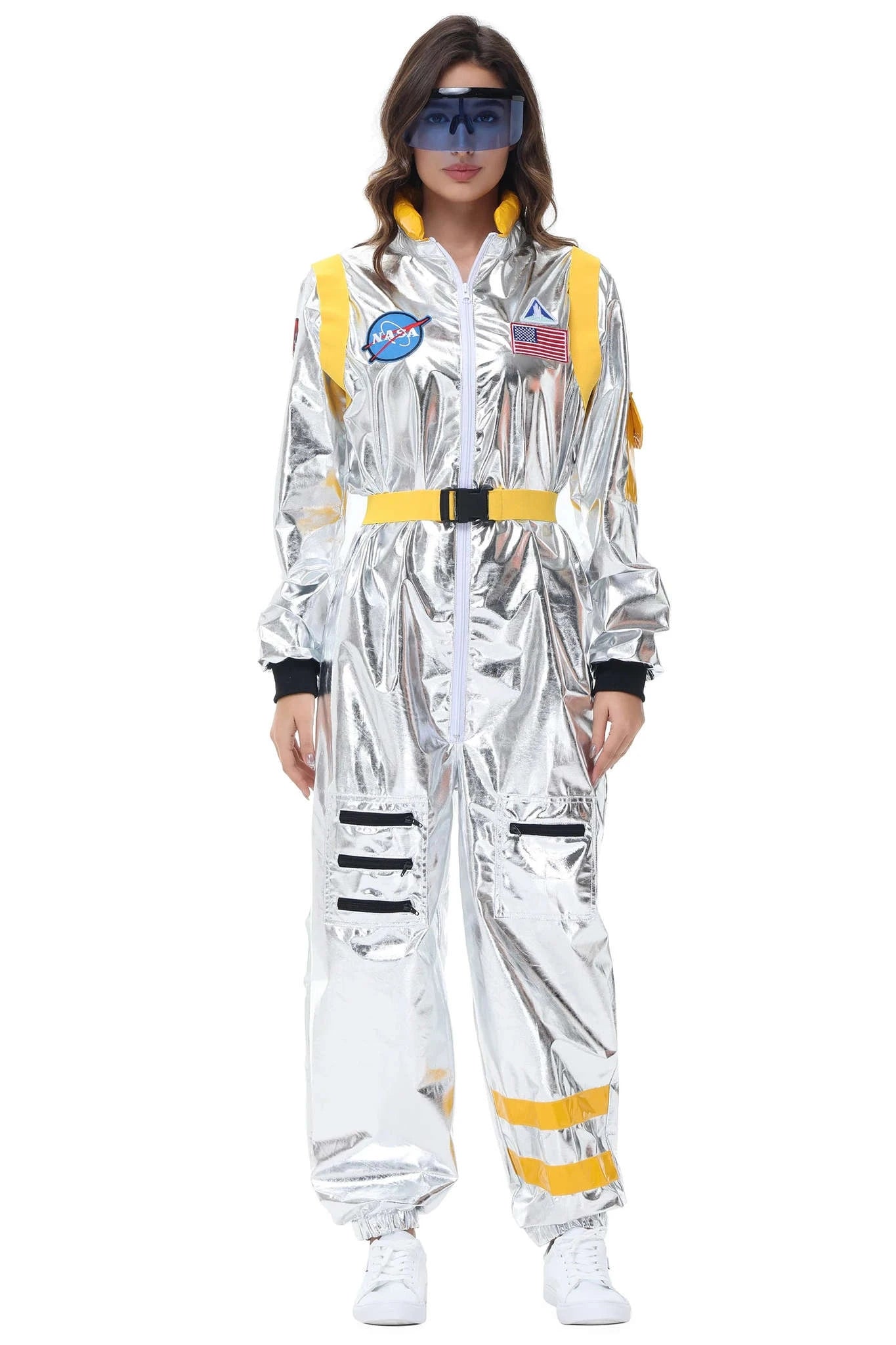 Silver Astronaut Costume Adult Spaceman Jumpsuit-Yellow Women-B / XL