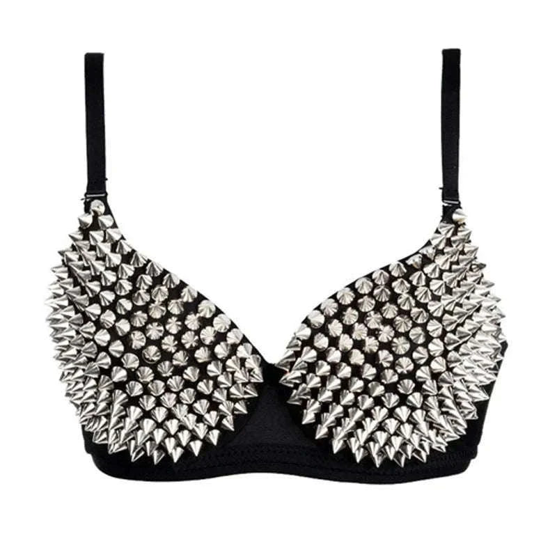 Silver Rivets Punk Bralette Gothic Lingerie Top-Grey / B / CHINA|34