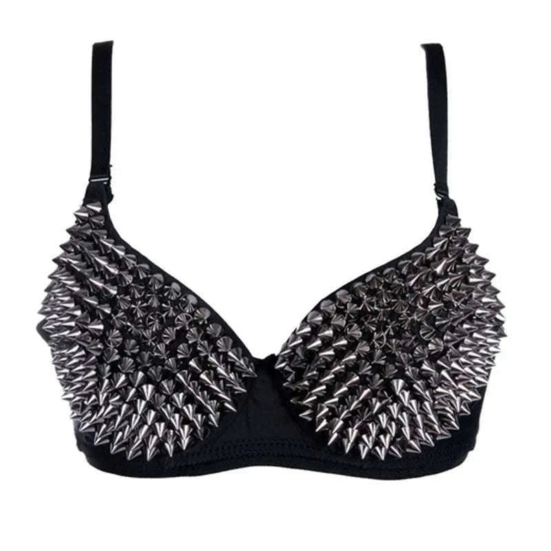 Silver Rivets Punk Bralette Gothic Lingerie Top-Grey / B / CHINA|34