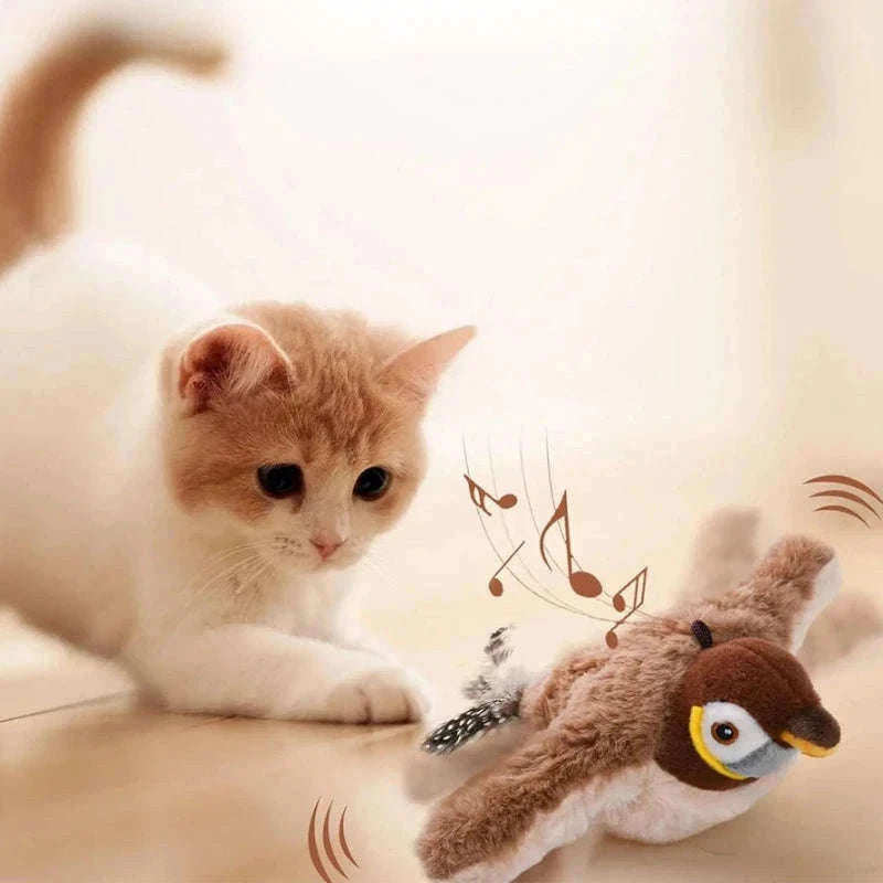 Simulated Bird Cat Toy with Touch-Activated Motion and Sound-Brown
