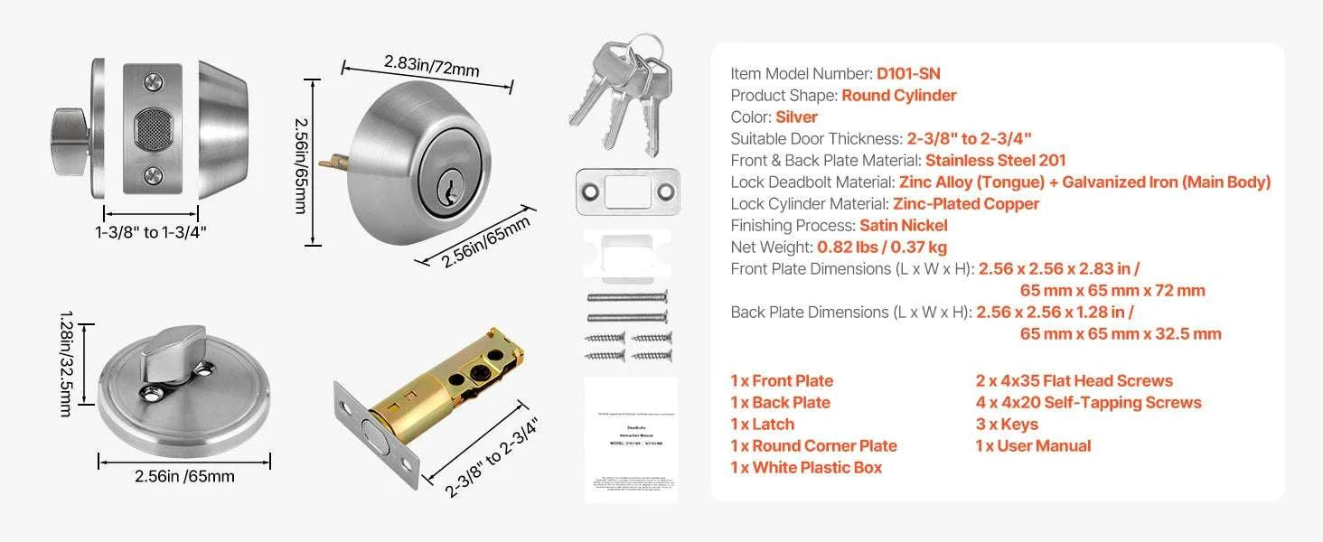 Single Cylinder Deadbolt Lock with 3 Keys for Interior & Exterior Doors-Silver / United States