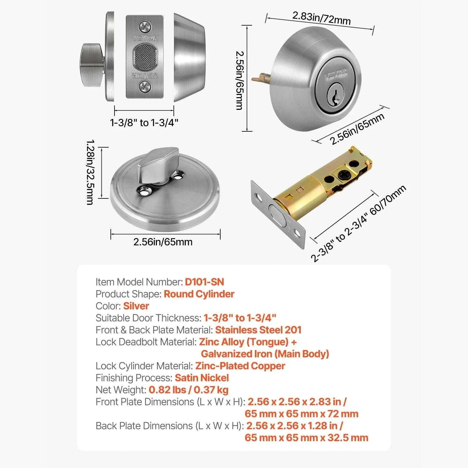 Single Cylinder Deadbolt Lock with 3 Keys for Interior & Exterior Doors-Silver / United States
