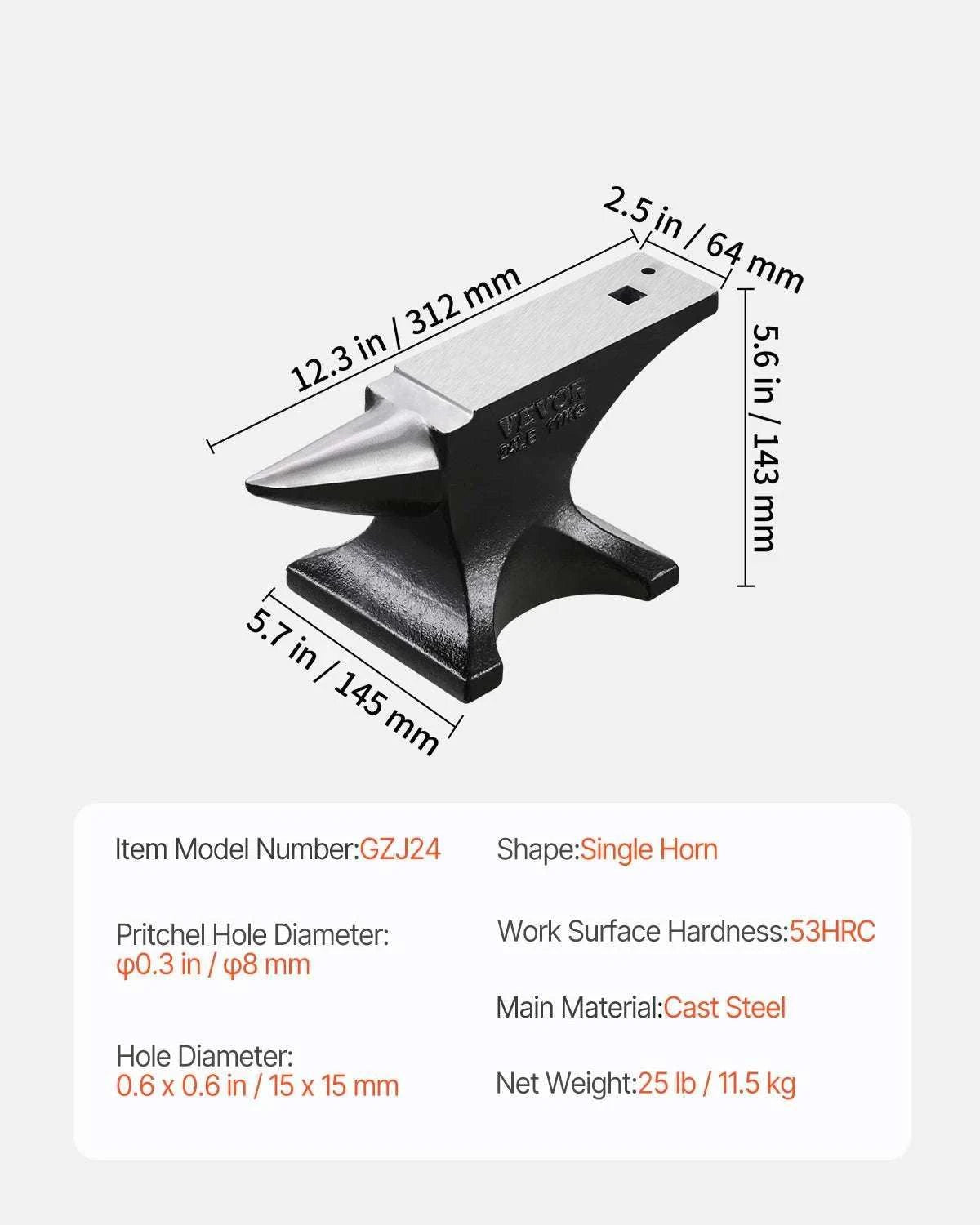 Single Horn Cast Steel Anvil for Blacksmithing and Metalwork-25 KG / france