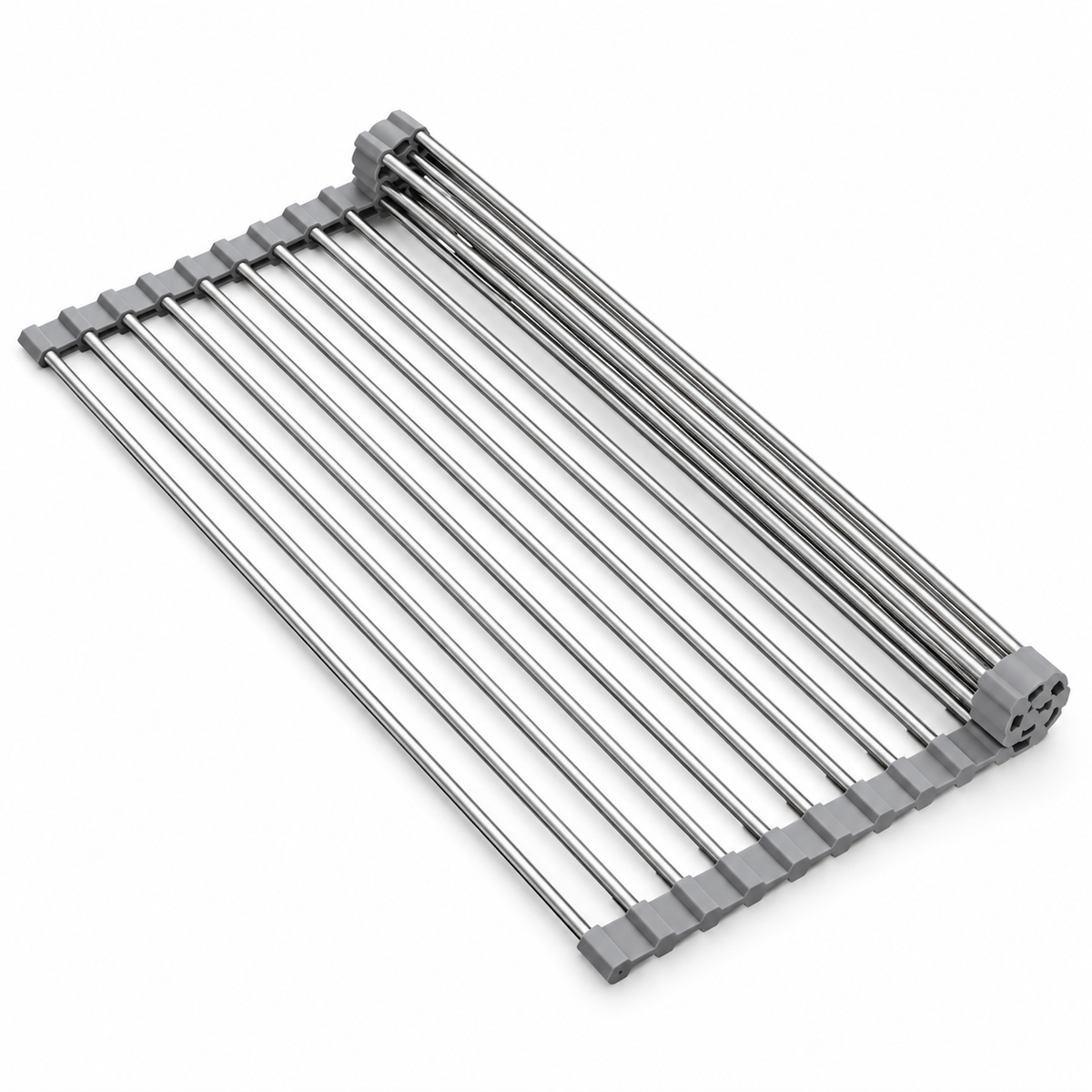 Rollable stainless steel sink drying rack on white