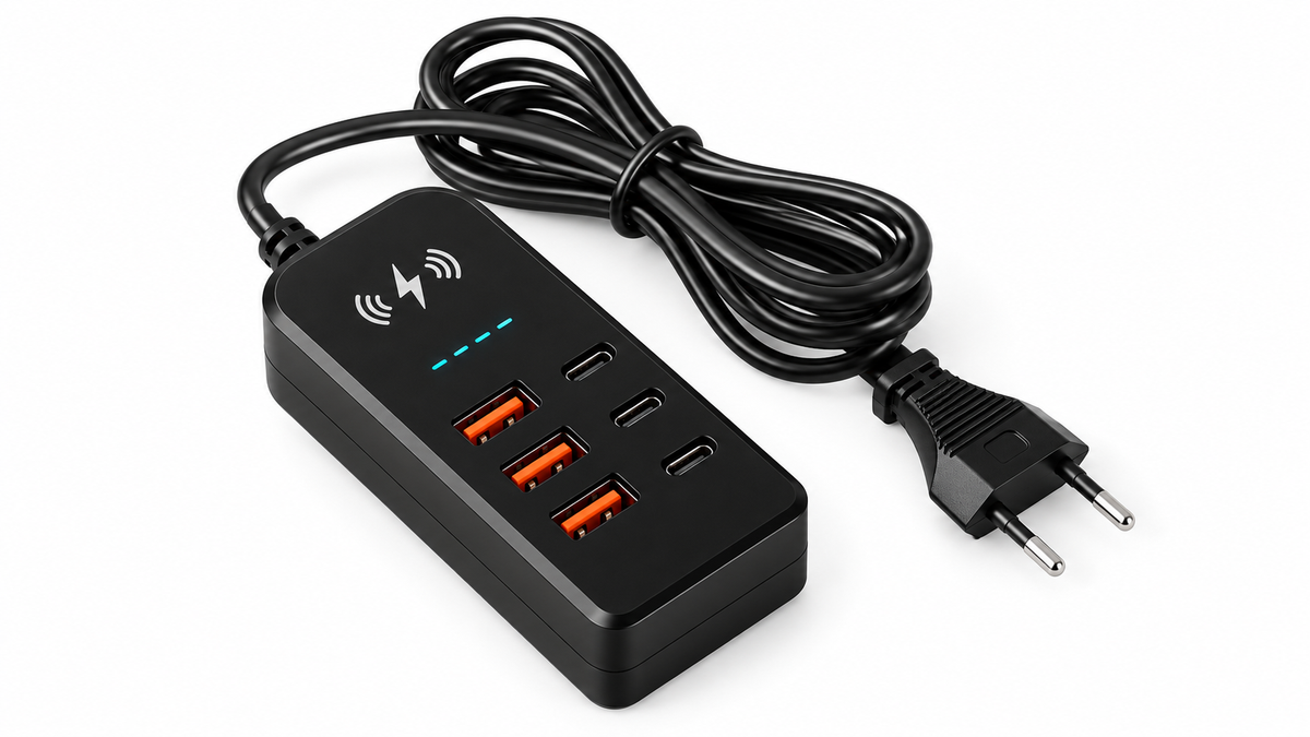 Black six-port USB charger with EU plug on white background