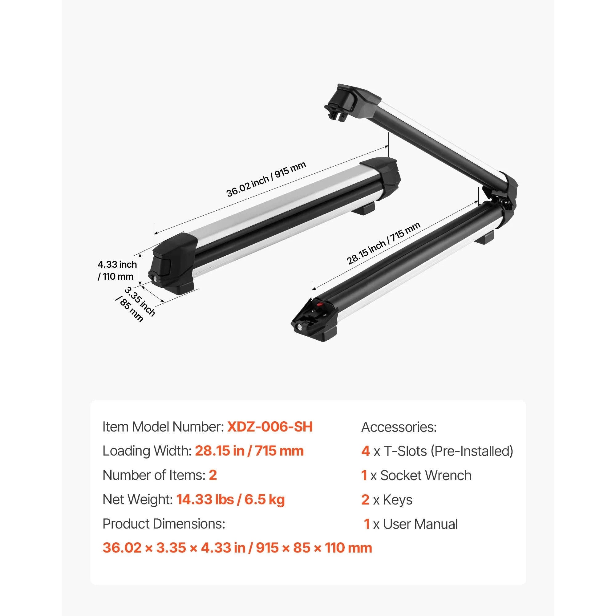 Ski and Snowboard Roof Rack for 6 Pairs of Skis or 4 Snowboards-Slide Rail 6 / United States