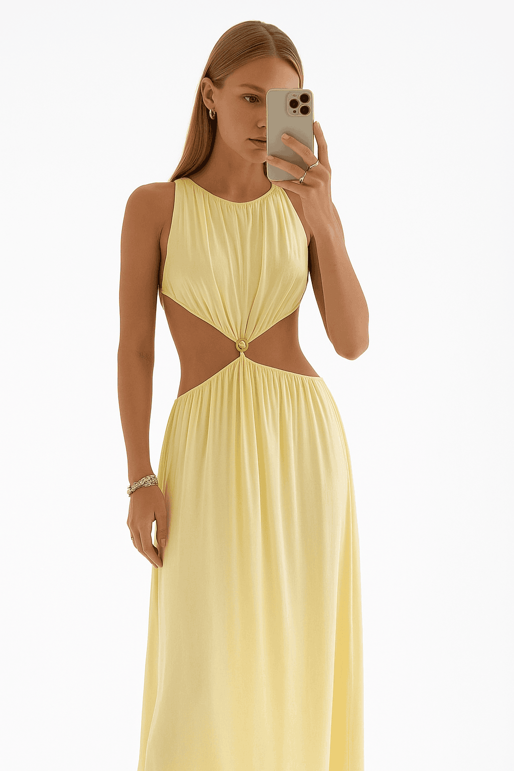 Sleeveless Halter Maxi Dress with Hollow Out Detail-Ivory / L