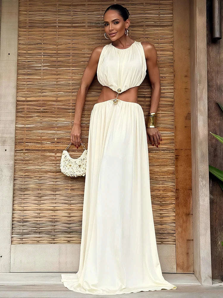 Sleeveless Halter Maxi Dress with Hollow Out Detail-Ivory / L