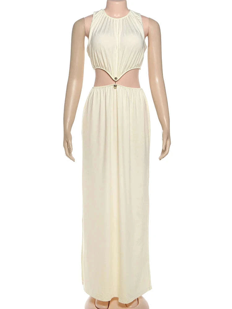 Sleeveless Halter Maxi Dress with Hollow Out Detail-Ivory / L