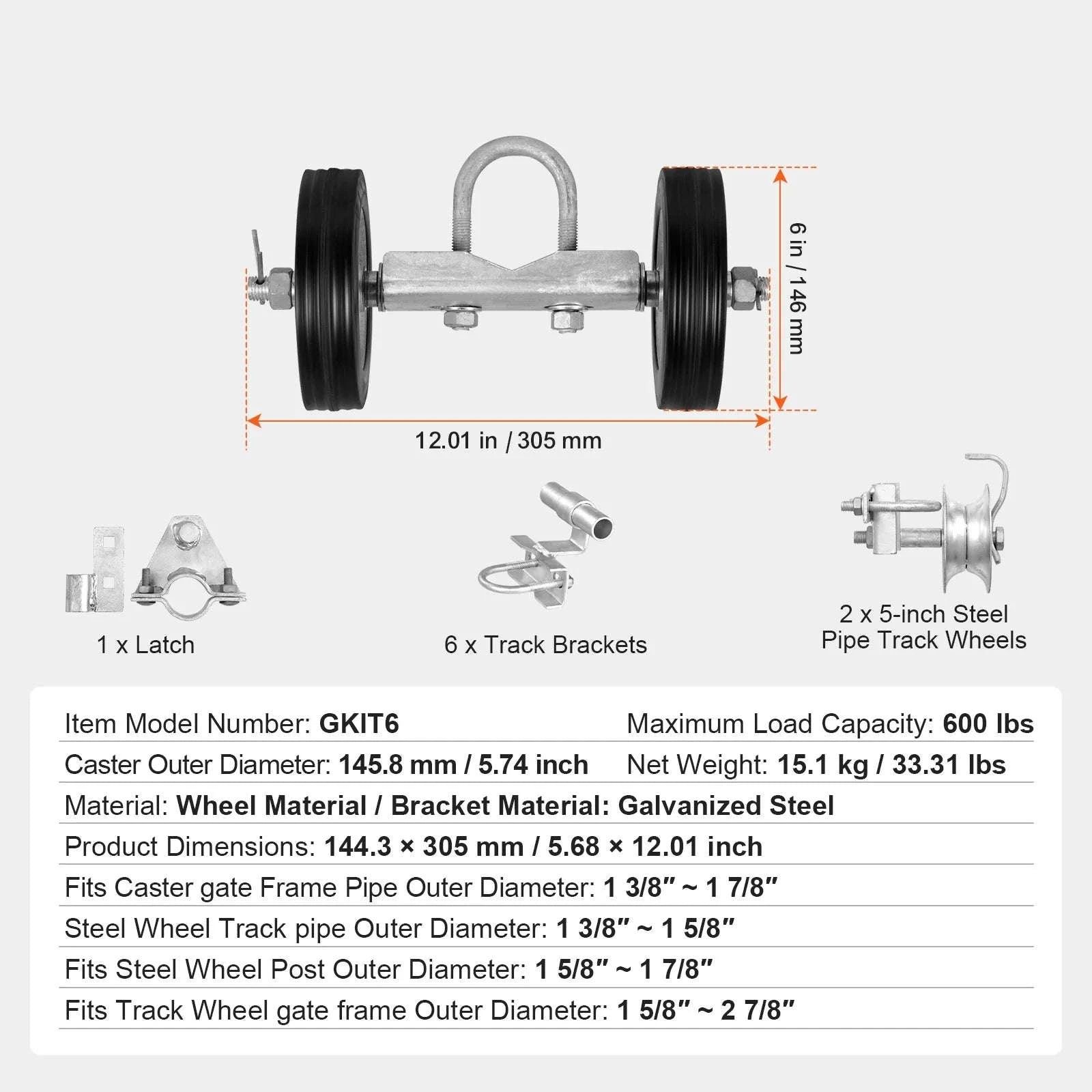 Sliding Gate Roller Kit with 6" Wheels – Heavy Duty 600 lb Support-600 lbs / United States