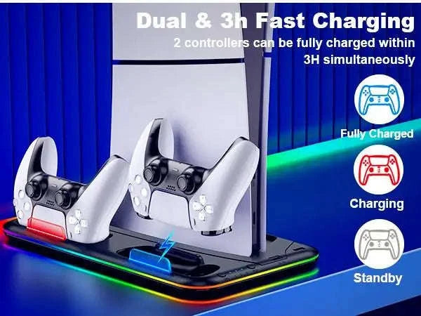 Slim Console Cooling Stand with RGB Light, Dual Controller Charger, 15 Game Slots and Headset Holder-United States / S2001