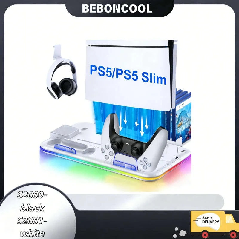 Slim Console Cooling Stand with RGB Light, Dual Controller Charger, 15 Game Slots and Headset Holder-United States / S2001