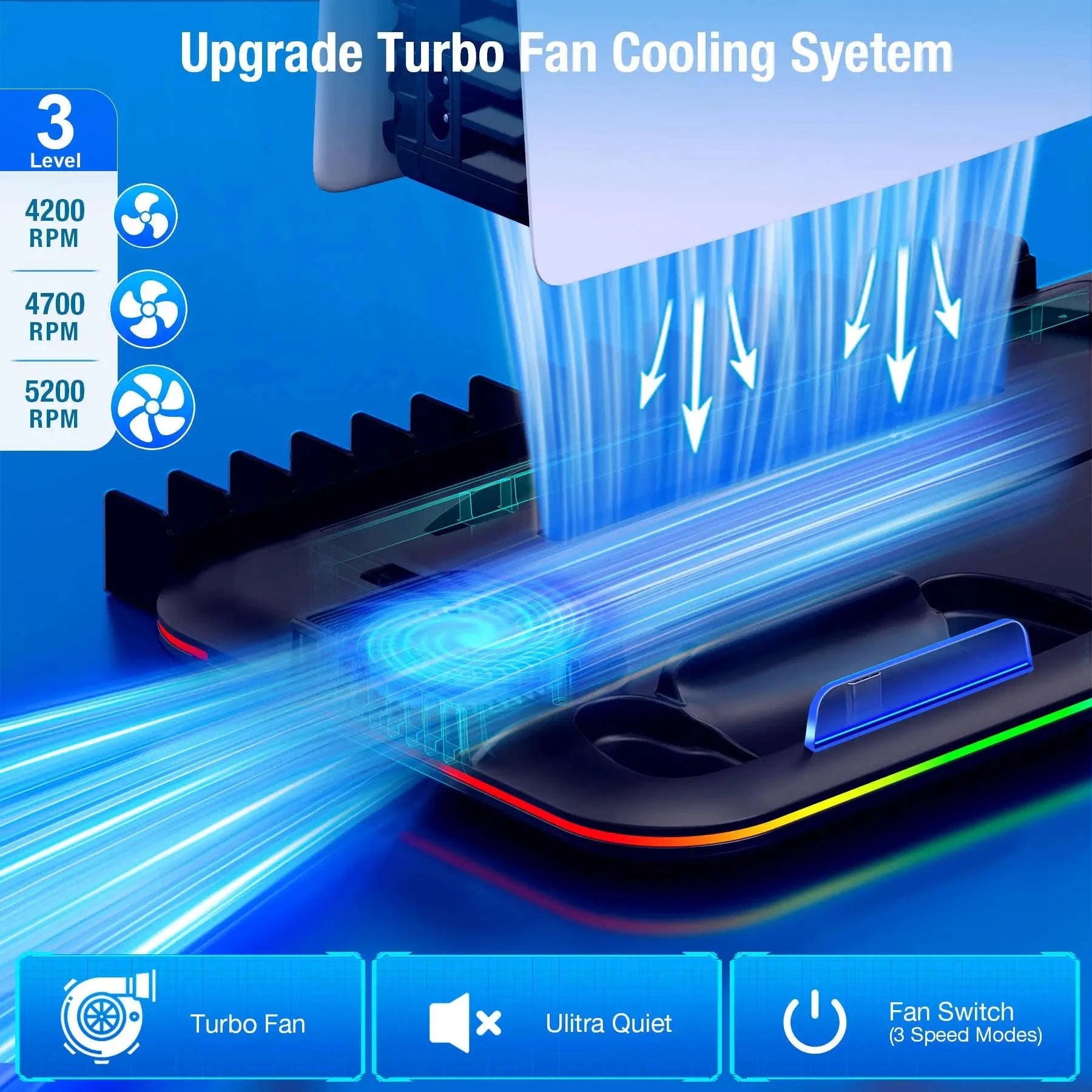 Slim Console Cooling Stand with RGB Light, Dual Controller Charger, 15 Game Slots and Headset Holder-United States / S2001