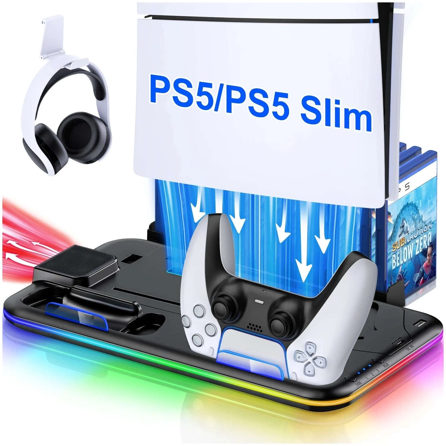 Slim Console Cooling Stand with RGB Light, Dual Controller Charger, 15 Game Slots and Headset Holder-United States / S2001