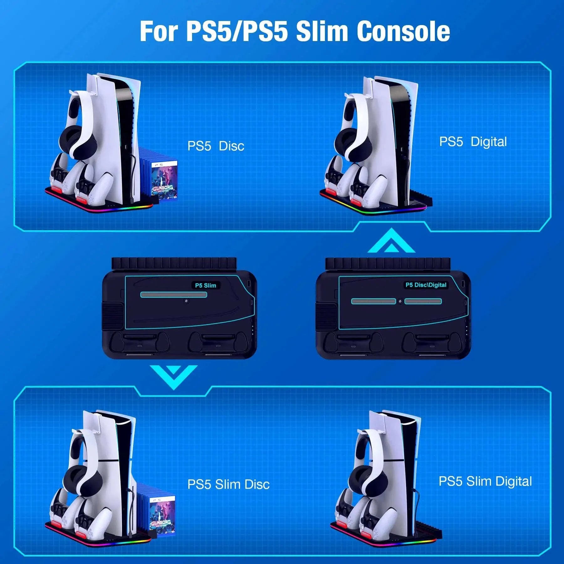 Slim Console Cooling Stand with RGB Light, Dual Controller Charger, 15 Game Slots and Headset Holder-United States / S2001