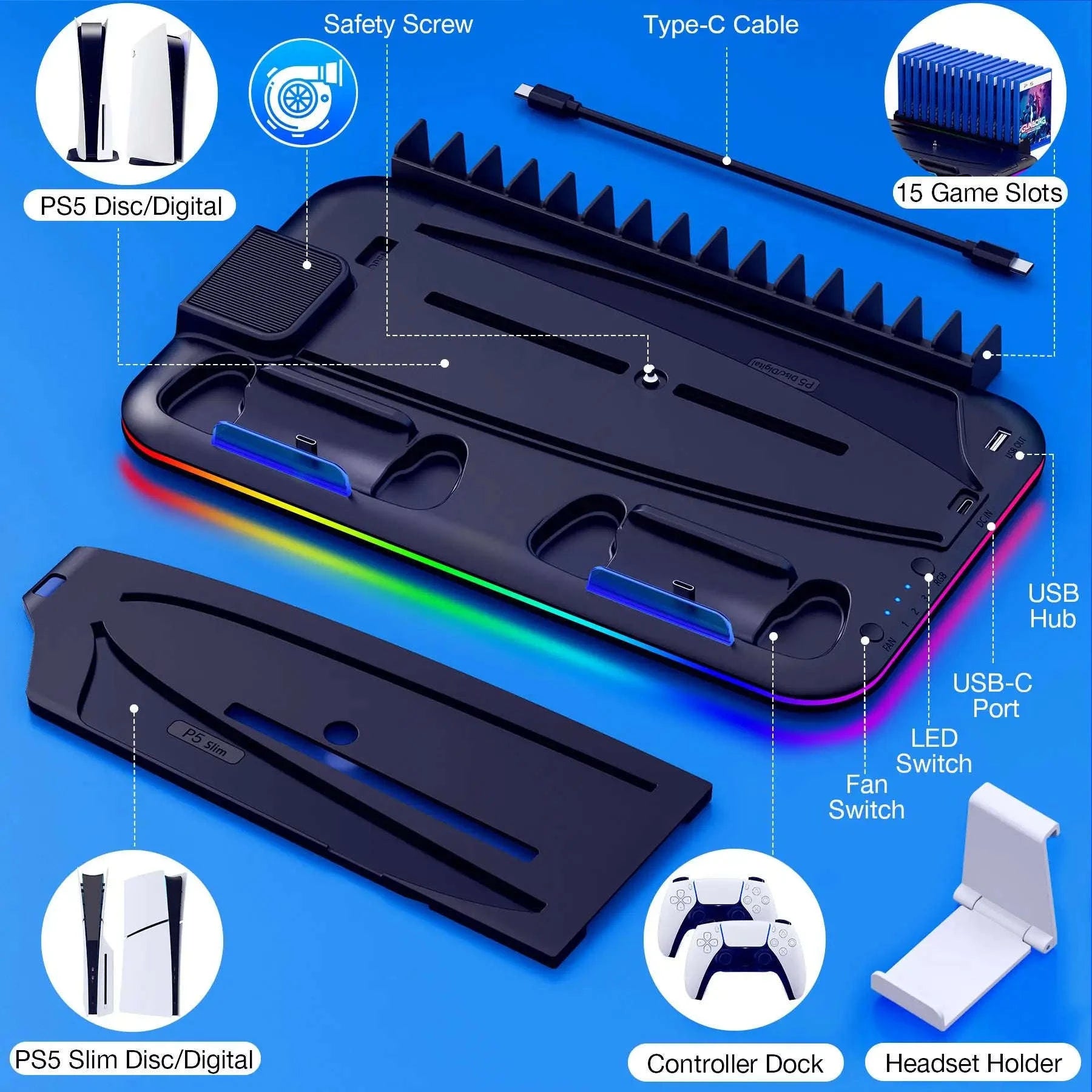 Slim Console Cooling Stand with RGB Light, Dual Controller Charger, 15 Game Slots and Headset Holder-United States / S2001