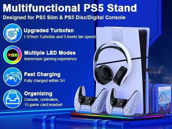 Slim Console Cooling Stand with RGB Light, Dual Controller Charger, 15 Game Slots and Headset Holder-United States / S2001