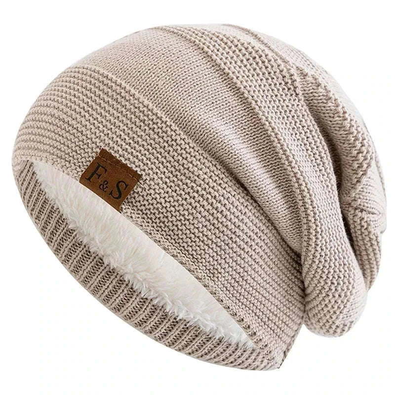 Slouchy Winter Hat with Fur Lining for Warm Casual Wear-White / 56cm-60cm