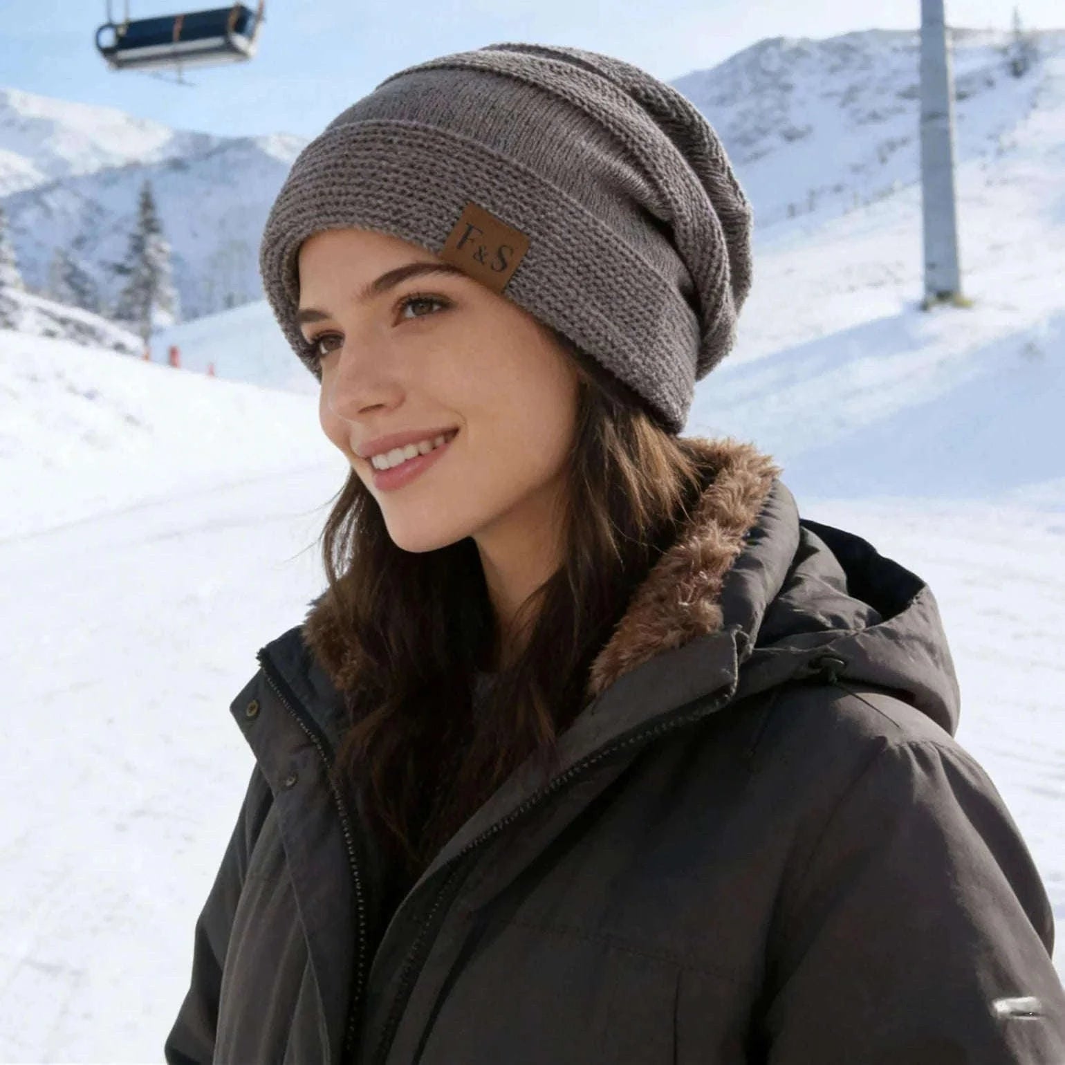 Slouchy Winter Hat with Fur Lining for Warm Casual Wear-White / 56cm-60cm