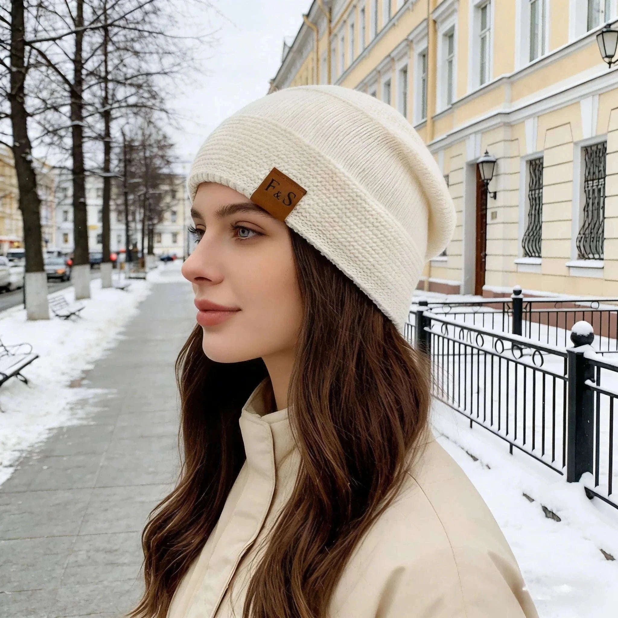 Slouchy Winter Hat with Fur Lining for Warm Casual Wear-White / 56cm-60cm
