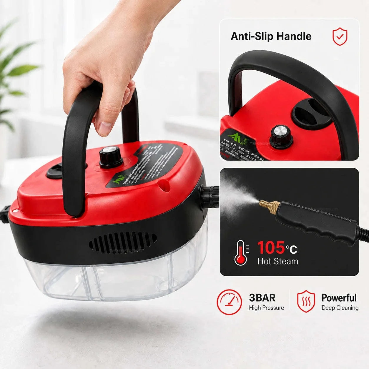 Small Portable High-Pressure Steam Cleaner with Brush Heads and Extended Hose-White / United States