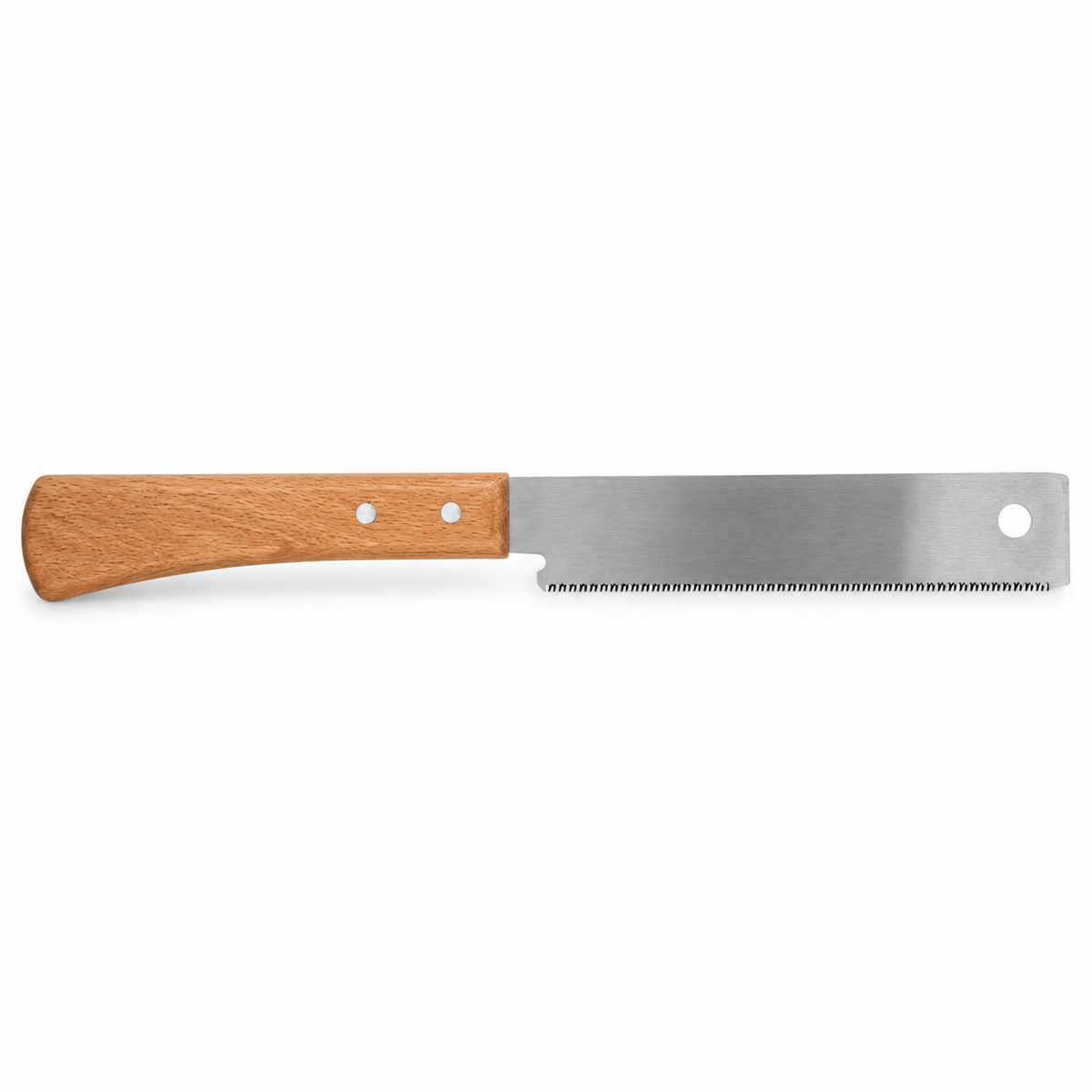 Small wooden-handle pull saw on white background