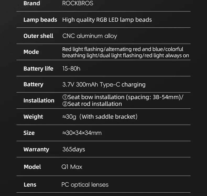 Smart Bike Rear Light with Brake Sensor & 5 Modes USB-C-Q1MAX