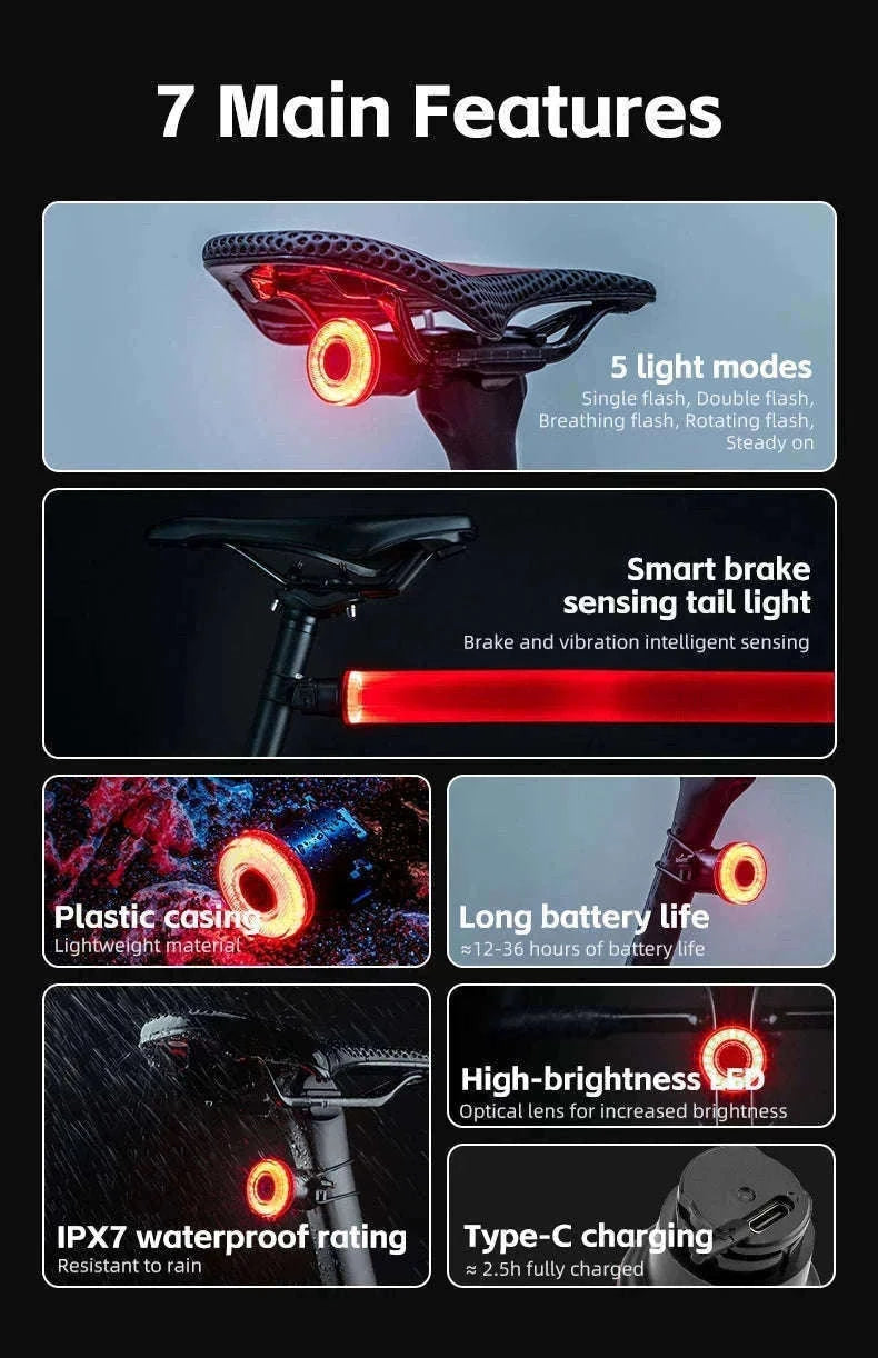 Smart Bike Tail Light with Brake Sensor and USB Rechargeable Waterproof Design-24520007001