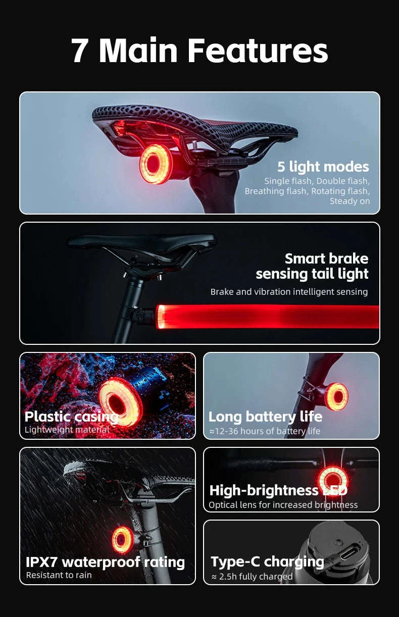 Smart Bike Tail Light with Brake Sensor and USB Rechargeable Waterproof Design-24520007001