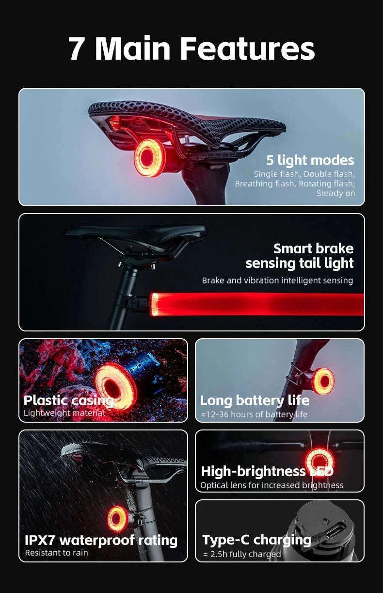 Smart Bike Tail Light with Brake Sensor and USB Rechargeable Waterproof Design-24520007001