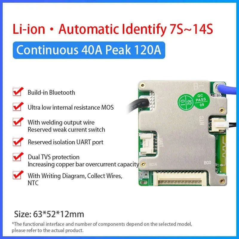 Smart BMS 7S–14S 24V 36V 48V Battery Management System with Bluetooth-3.7V NMC 20A / Build-in BT / China Mainland