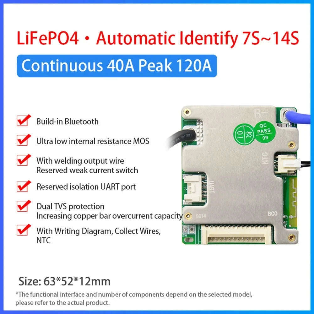 Smart BMS 7S–14S 24V 36V 48V Battery Management System with Bluetooth-3.7V NMC 20A / Build-in BT / China Mainland