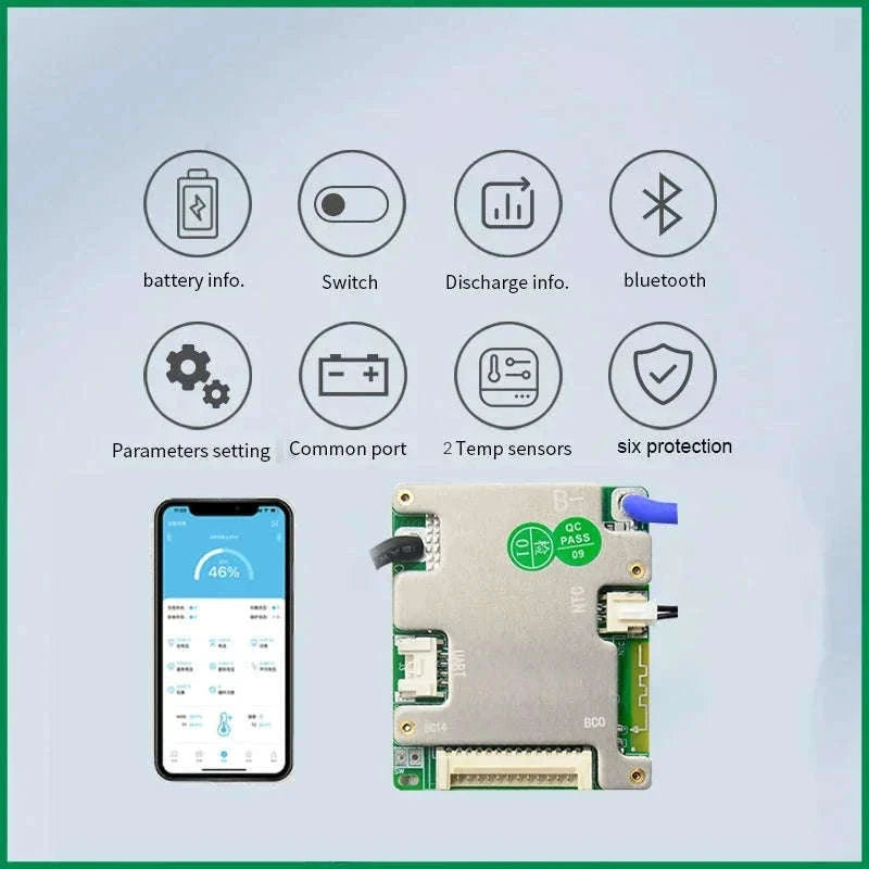 Smart BMS 7S–14S 24V 36V 48V Battery Management System with Bluetooth-3.7V NMC 20A / Build-in BT / China Mainland