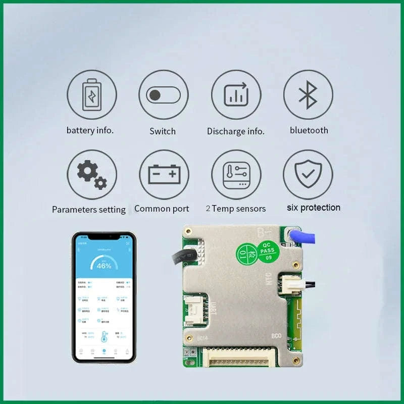 Smart BMS 7S–14S 24V 36V 48V Battery Management System with Bluetooth-3.7V NMC 20A / Build-in BT / China Mainland