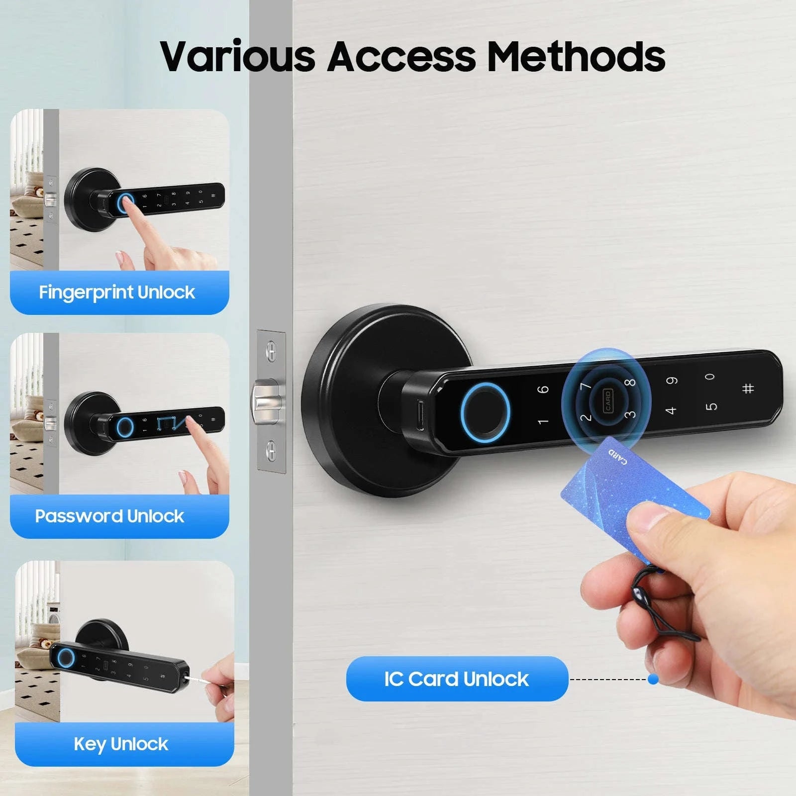 Smart Door Handle Lock with Fingerprint, Password, IC Card and Key Unlock-black / United States