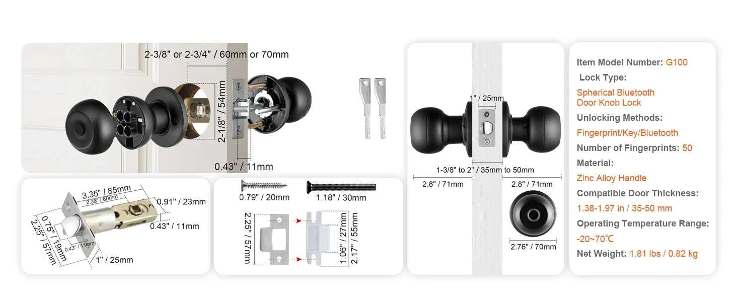 Smart Door Knob with Fingerprint & App Control Keyless Lock-35-50mm Door / United States
