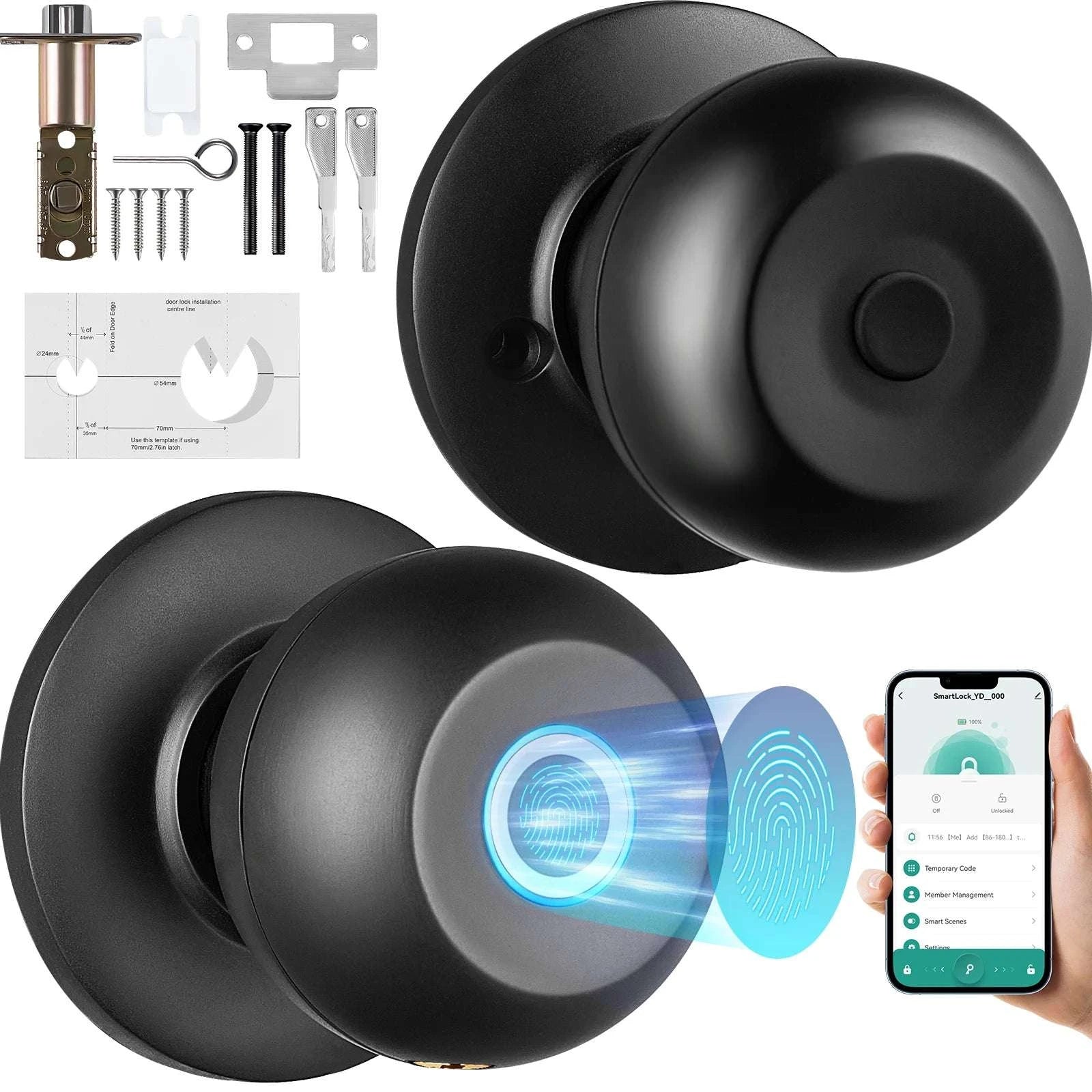 Smart Door Knob with Fingerprint & App Control Keyless Lock-35-50mm Door / United States