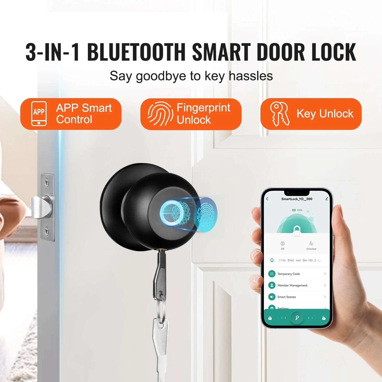 Smart Door Knob with Fingerprint & App Control Keyless Lock-35-50mm Door / United States
