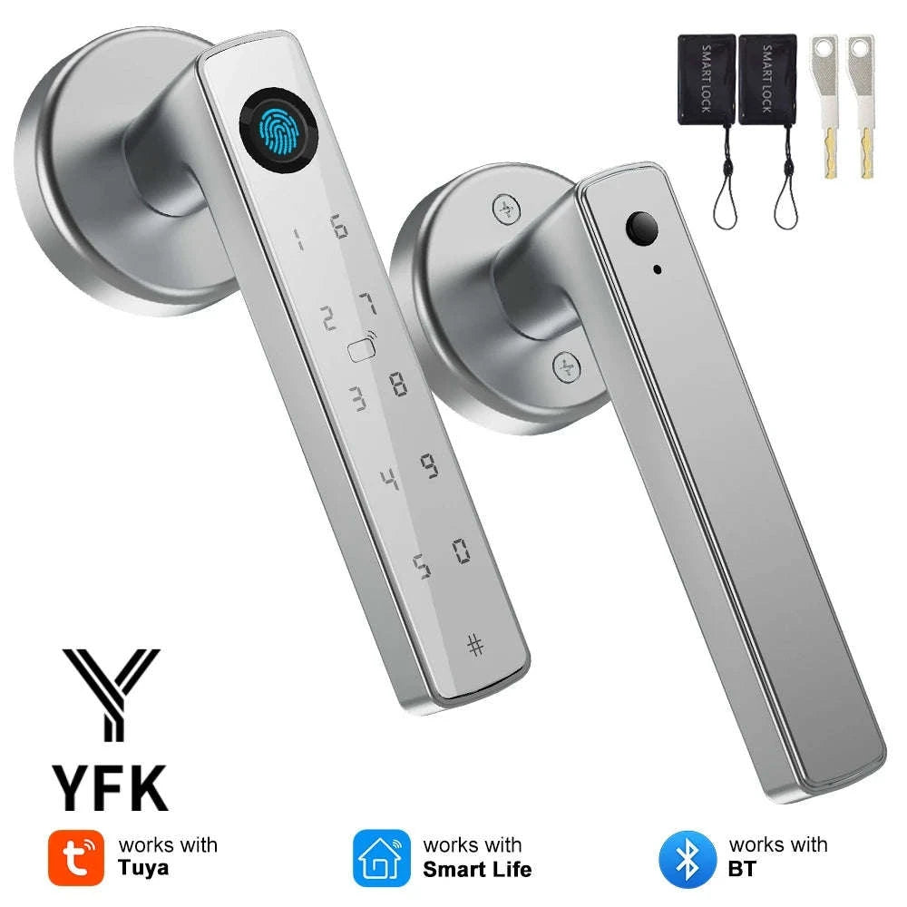 Smart Fingerprint Door Lock Handle 5-in-1 Keyless Entry-Silver / United States