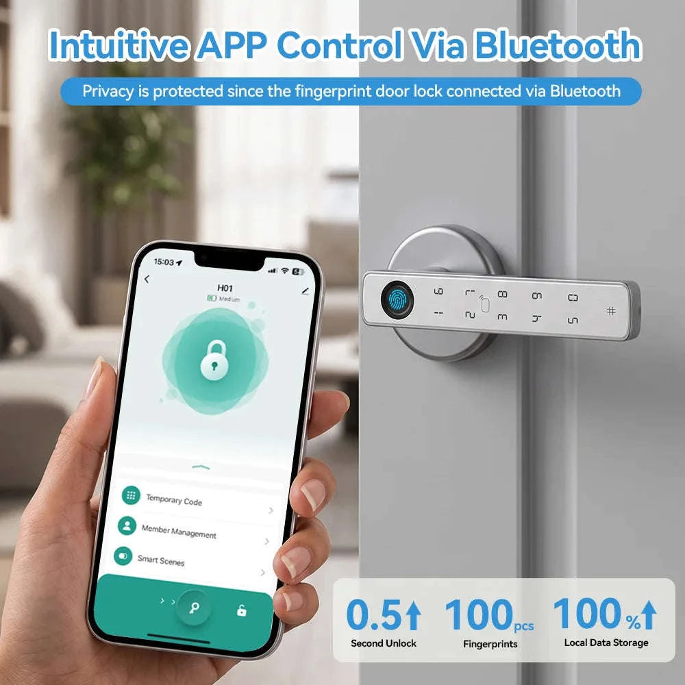 Smart Fingerprint Door Lock Handle 5-in-1 Keyless Entry-Silver / United States