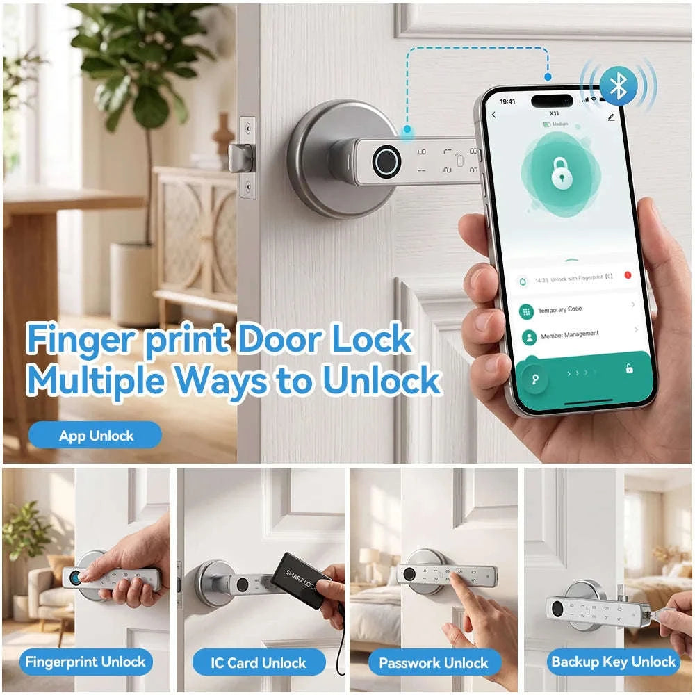 Smart Fingerprint Door Lock Handle 5-in-1 Keyless Entry-Silver / United States