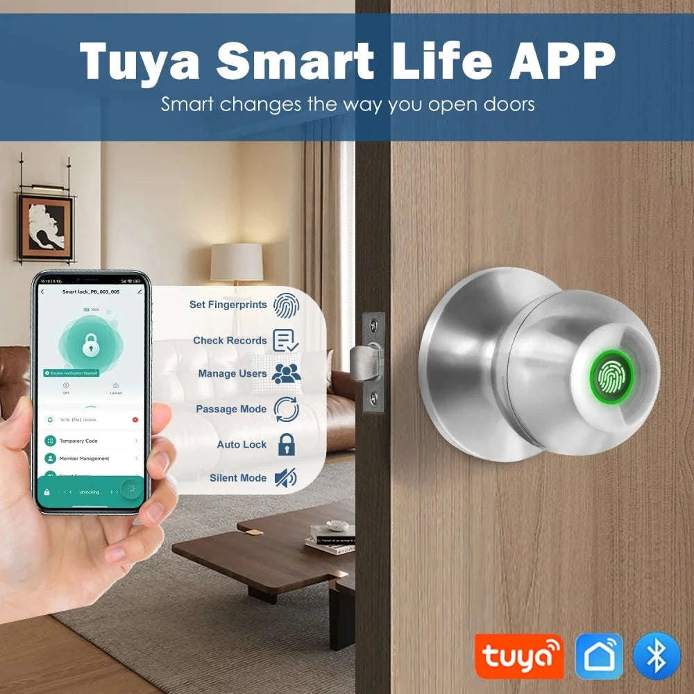 Smart Fingerprint Door Lock Knob with App Control, Password, Key Unlock and Auto Lock-black / United States