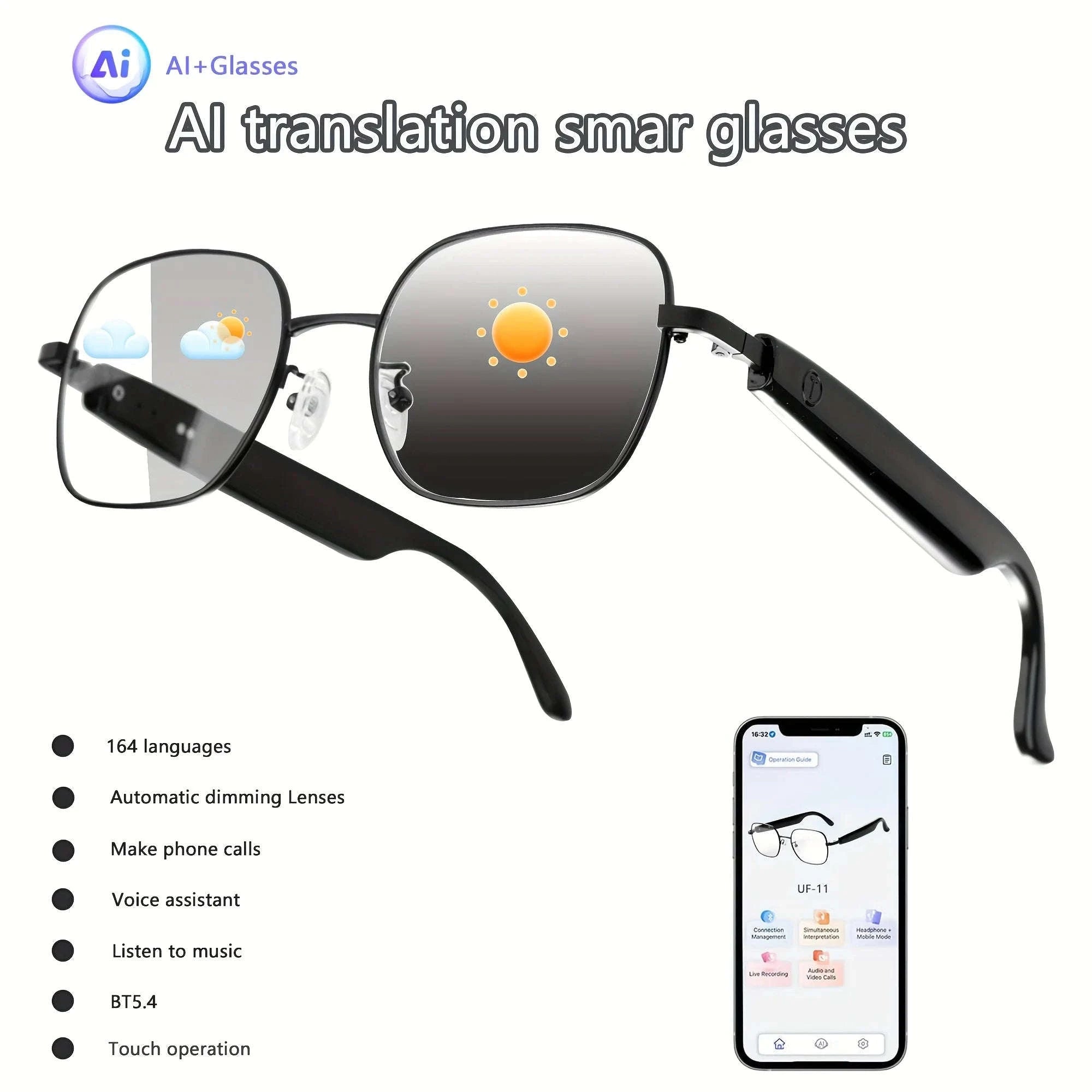 Smart Glasses with Real-Time Translation and Auto-Tinting Lenses-black / United States